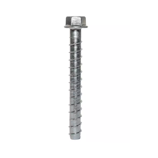 A Simpson Strong-Tie Titen HD 5/8 in. x 6 in. mechanically galvanized heavy-duty concrete screw anchor with a hex head and spiraled threads stands vertically against a plain white background.